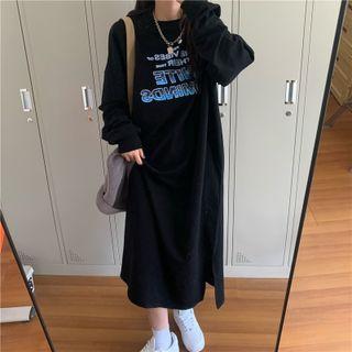 Long-sleeve Lettering Midi Sweatshirt Dress Lettering - Black - One Size