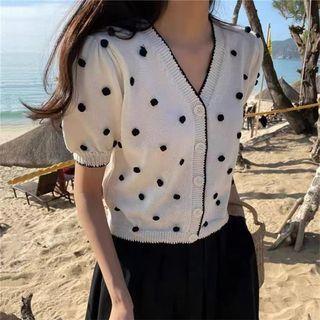 Short-sleeve V-neck Dotted Button-up Knit Top