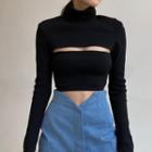 Mock Neck Long Sleeve Cut-out Ribbed Knit Crop Top
