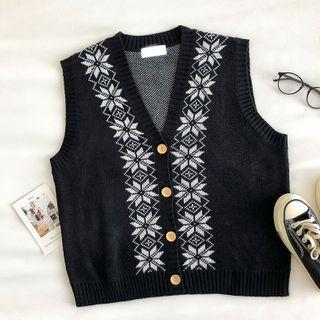 Color-block V-neck Knit Vest Black - One Size