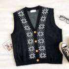 Color-block V-neck Knit Vest Black - One Size