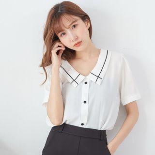 Short-sleeve Contrast Trim Collar Shirt White - One Size