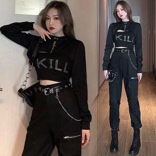 Rhinestone Lettering Cropped Camisole Top / Grommet Belt / Cargo Harem Pants / Zip-up Top / Set