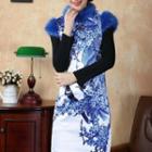 Furry Trim Short-sleeve Qipao Blue Flowers - White - S