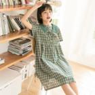 Short-sleeve Plaid Midi Dress Plaid - Green - M