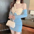 Long-sleeve One-shoulder Two-tone Drawstring Knit Dress Light Blue - One Size
