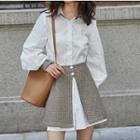 Set: Plaid Panel Long-sleeve Mini Shirtdress + Plaid Front-slit Mini A-line Skirt