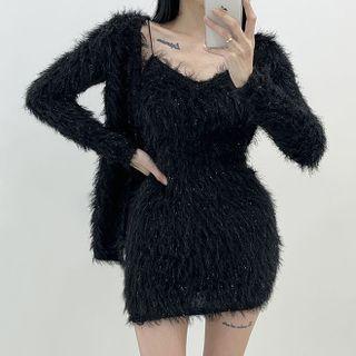 Set: Fluffy Cardigan + Spaghetti Strap Mini Sheath Dress