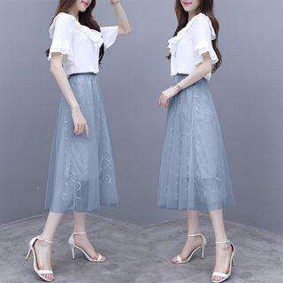 Set: Ruffle Trim V-neck Elbow-sleeve Blouse + Mesh Midi A-line Skirt