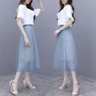 Set: Ruffle Trim V-neck Elbow-sleeve Blouse + Mesh Midi A-line Skirt