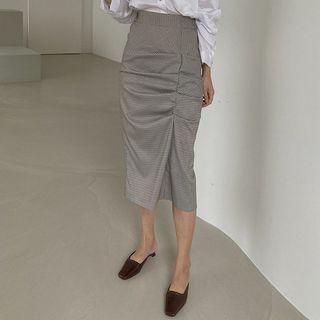 Ruched Plaid Midi Pencil Skirt