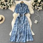 Short-sleeve Denim Floral Midi A-line Dress