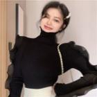 Long-sleeve Cold Shoulder Turtleneck Ruffled Knit Top Black - One Size