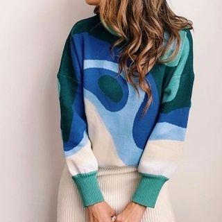 Long Sleeve Pattern Print Color Block Sweater