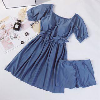 Set: Short-sleeve Plain Swim Dress + Bottom