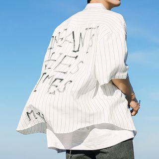 Pocket-front Printed Striped Short-sleeve Shirt
