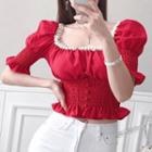 Balloon-sleeve Smocked Blouse Red - One Size