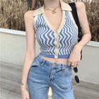 Collared Zigzag Pattern Knit Crop Tank Top Blue & Almond - One Size
