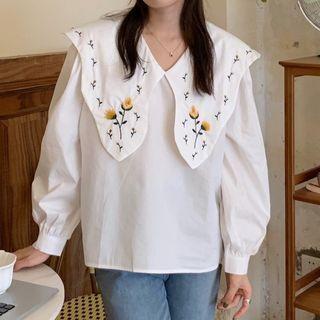 Long-sleeve Embroidered Collar Blouse / Midi A-line Overall Dress