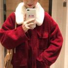 Faux-fur Collar Fleece Jacket Wine Red - One Size