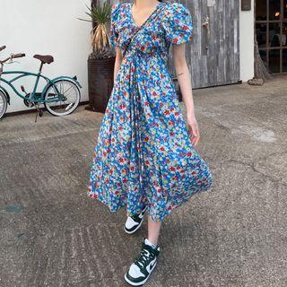 Short-sleeve Flower Print Midi A-line Dress Flower Print - Blue - One Size