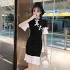 Mesh Panel Mandarin Collar Short-sleeve Mini Bodycon Dress