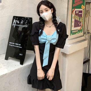 Puff-sleeve Ruffle Hem Bow-front Mini Dress