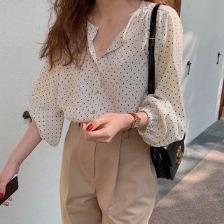 Lantern-sleeve Dotted Loose Fit Chiffon Shirt