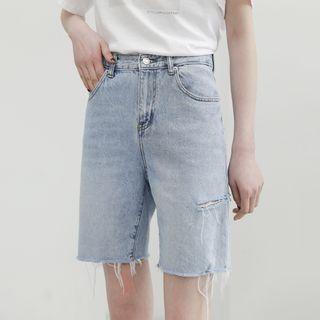 High-waist Washed Denim Straight-cut Shorts