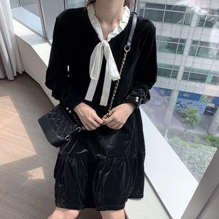 Tie-neck Frill Trim Velvet Dress Black - One Size