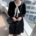 Tie-neck Frill Trim Velvet Dress Black - One Size