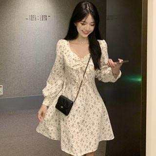 Long-sleeve Floral Tie-strap Mini Dress