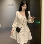 Long-sleeve Floral Tie-strap Mini Dress