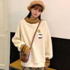 Mock Two-piece Mock-neck Cartoon Embroidered Fleece Sweatshirt / Camisole Top