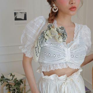 Short-sleeve Eyelet Lace Cropped Drawstring Blouse White - One Size