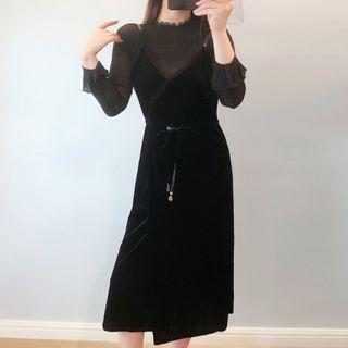 Set: Flared-cuff Glitter Top + Velvet A-line Pinafore Dress