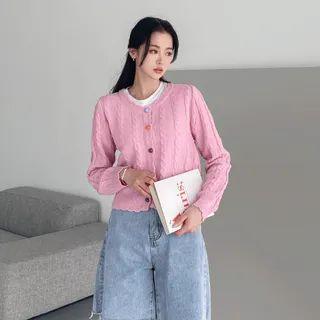 Color-button Cable-knit Cardigan