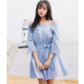 Off-shoulder Striped 3/4-sleeve Dress