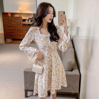 Long-sleeve Flower Print Lace Up A-line Dress