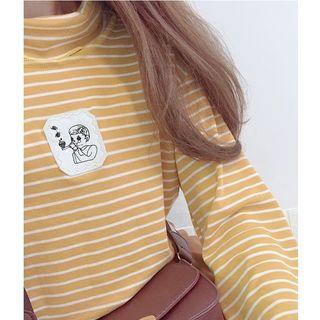 Embroidered Stripe Mock-neck Long-sleeve T-shirt