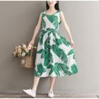 Sleeveless Leaf Print Midi A-line Dress