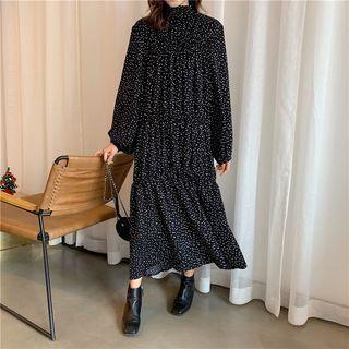 Puff-sleeve Dotted Frill Collar Maxi Dress