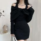 Set: Long-sleeve Halter-neck Cold-shoulder Mini Bodycon Dress + Bow Shawl