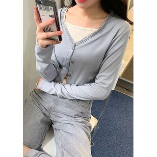 Lace-trim Ribbed Crop Cardigan