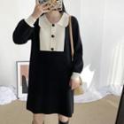 Long-sleeve Color Block Collared Knit Dress Black - One Size
