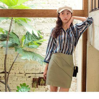 Stand Collar 3/4 Sleeve Striped Chiffon Blouse