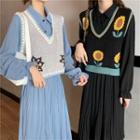 Knit Vest / Long-sleeve Pleated Dress