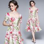 Short-sleeve Square-neck Floral Midi A-line Dress