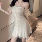 Puff-sleeve Off-shoulder Mesh Overlay Mini A-line Dress