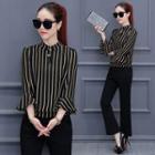 Bell-sleeve Stripe Stand-collar Blouse